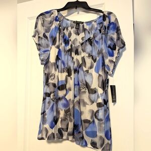 INC International Concepts Blue & Gray Floral Short-Sleeve Blouse